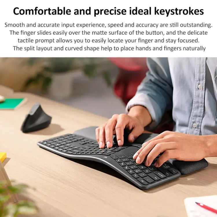 Logitech ERGO K860 comfortabele toetsaanslagen in gebruik met muis
